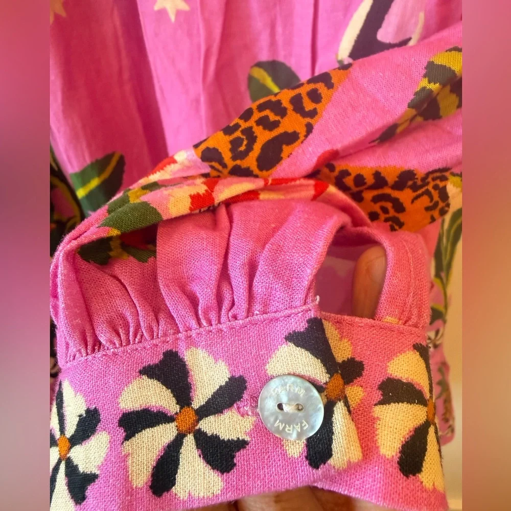 FARM Rio Pink Leopard Forest Mini Dress Beaded babydoll resort tropical Size L - Picture 9 of 9